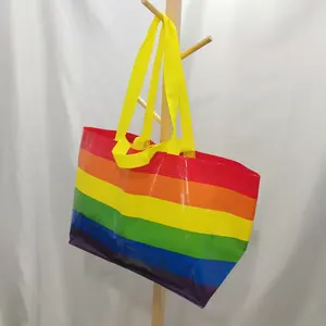 Custom Fashionable Webbing Handle Rainbow Color Waterproof Laminated PP Woven Bags Grocery Bag Custom Reusable Shopping Bags