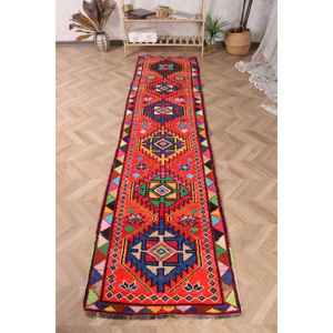 2.6x10.1 ft Turkish Rug, Vintage <b>Runner</b> Rug, <b>Red</b> Blue Solid Rug - Product Image 1