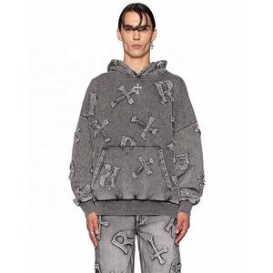 100% algodón Unisex Vintage Sun Faded Distress bordado pulóver Sudadera con capucha impreso Puff ropa Joggers entrenamiento gimnasio sudaderas con capucha - Product Image 5