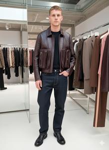 Custom OEM Fashion <b>Slim</b> Fit Biker High Quality Windproof Handcrafted Zipper Sheep Leather Embossed <b>Stand</b> Bomber Jacket Men Front - Product Image 6