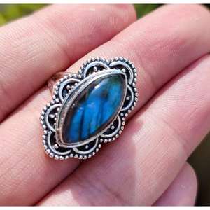 Handmade Boho Hippie Women's Sterling Silver <b>Ring</b> Natural Labradorite Gemstone Inlay <b>Statement</b> Gift for Her - Product Image 2