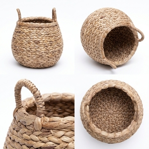 Panier de rangement en jacinthe d'eau naturelle, pot de fleurs sphérique tressé épais avec poignée en arche, décoration artistique pour l'aménagement de la pièce, artisanat d'art pur - Product Image 3