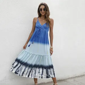 Robe Maxi d'été décontractée à col en V pour femmes, tissée et lavable, respirante et écologique - Product Image 1