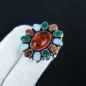 Bague en onyx vert ambre et pierre de soleil, faite à la main, en argent sterling 925, bijoux bohèmes, bague multi-pierres, cadeau de la Saint-Valentin - Product Image 6