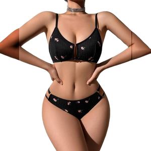 Conjunto de Lencería Elegante Negro con Tirantes Dobles y Tanga de Tiras en V, Talla Grande, Ropa Interior de Boutique para Mujer, OEM - Product Image 1