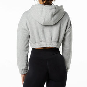 Custom Logo Winter Knitted Badge Crop <b>Tops</b> Women's Hoodie Puff Printed <b>Long</b> <b>Sleeve</b> Grey Thick Zip-Up Hoodie - Product Image 3