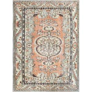 Tapis en laine noués à la main de grande taille, style vintage, motif médaillon rouge et orange, pour salon ou couloir - Pae-2606 - Product Image 1