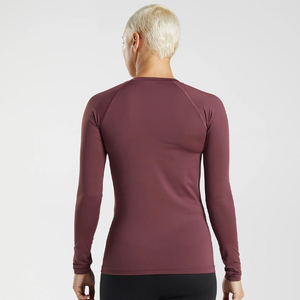 เสื้อรัดรูปแขนยาวคอกลมผ้าสแปนเด็กซ์แขนยาวสำหรับผู้หญิงเสื้อฟิตเนสสีเบอร์กันดี - Product Image 3