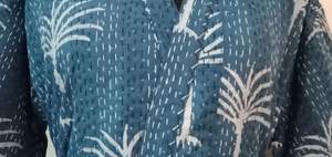 Blue Indigo Kantha <b>Jacket</b> for Women Long Cotton Quilted Indian Robe with Floral Pattern Winter Beach Wear <b>Kimono</b> - Product Image 5