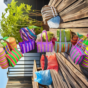 กระเป๋าชายหาดผ้าไนลอนรีไซเคิลแบบดั้งเดิมของอินเดียงานแฮนด์เมดกระเป๋ามีซิปดีไซน์ลายทางผ้าทอผู้ผลิตและส่งออกที่ไม่เหมือนใคร - Product Image 1