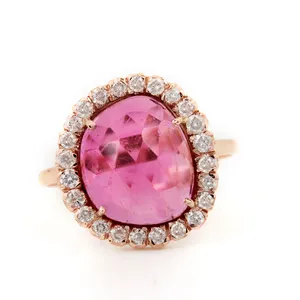 Latest Design Natural Pave Diamond 14k Rose Solid Gold Fine Jewelry 3.90 Ct. Pink Tourmaline Gemstone Gifting Ring Manufacturer