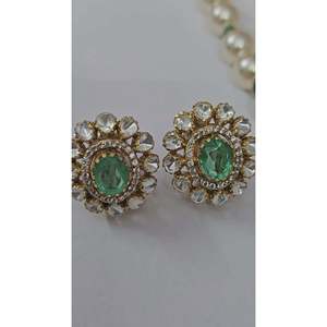 Green Dublet <b>Emerald</b> Polki Long Choker <b>Necklace</b> Set with Earrings for Weddings - Product Image 5