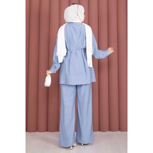 Conjunto de Dos Piezas de Túnica y Pantalones Casuales con Cinturón para Primavera/Verano, Color Azul Bebé - Product Image 5