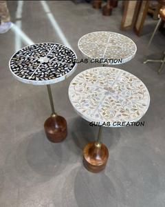Handcrafted Modern Mother of Pearl Inlay Round Coffee <b>Table</b> Solid Wooden Base Luxury Artisan Accent <b>Table</b> Living Room Home Decor - Product Image 5