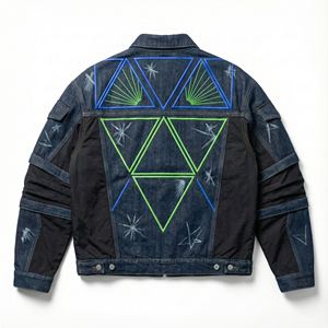 Veste en jean surdimensionnée personnalisée pour femme, imprimé 3D en relief, géométrique, écologique, coupe-vent, doublure en fausse fourrure, patchwork, effet vieilli - Product Image 3