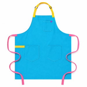 Delantal de Lona Azul con Correa Amarilla para el Cuello, Lazos Rosas en la Cintura, 3 Bolsillos, Ajustable, Resistente al Agua, para Cocinar y Uso Diario - Product Image 1