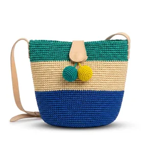 Sac fourre-tout bandoulière en raphia color block tendance été avec fermeture éclair et doublure en coton pour la plage, les voyages et l'usage quotidien - Product Image 1
