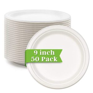 Biodegradable Sugarcane Bagasse Paper Plates 9 Inch Disposable <b>Compostable</b> Eco-Friendly Food Grade Microwave Safe Dinnerware - Product Image 1