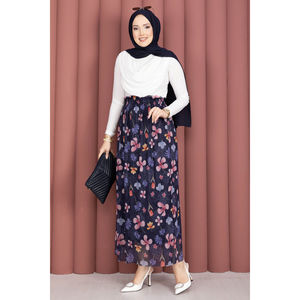 Jupe en tulle bleu marine à fleurs de style bohème avec taille élastique et décorations imprimées en mousseline douce - pour femmes - Product Image 4