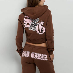 Personnalisé Oem Marron Zipper Wear Sets Femmes Coton Crop Top Survêtement Ensembles Survêtements Pantalon Deux Pièces Ensemble Jogging Survêtements - Product Image 5