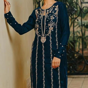 2024 Stylish Designer Chiffon Long Kurta Pant <b>Dress</b> Zari Hand Embroidery Crystal Glass Beads Dabka Work <b>Sequins</b> Natural - Product Image 1