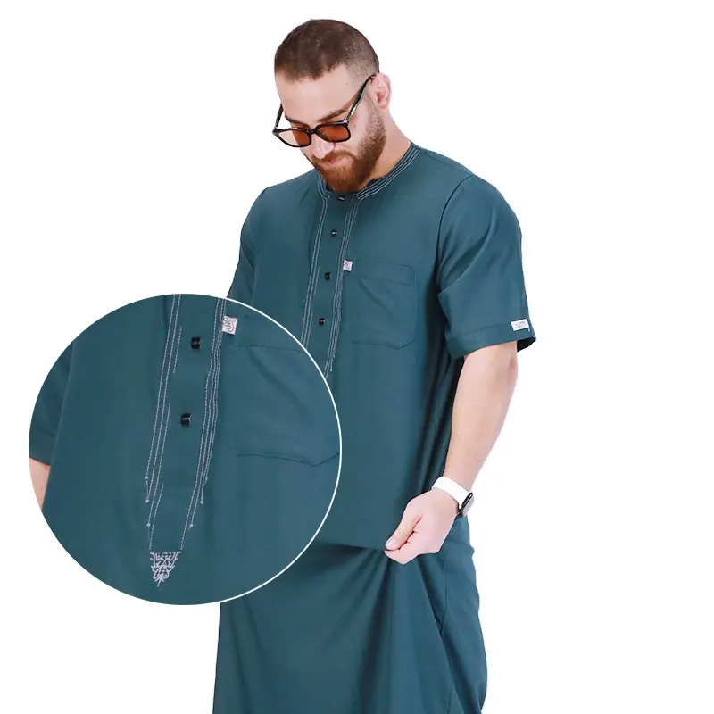 2023 Fashion Wholesale Men's Thobe Abaya New Modern Abaya Arabic thobes shorts sleeve premium embroidered thobes o neck