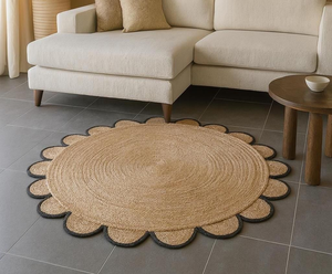 Llamativa alfombra redonda de yute con estampado tribal con fibras naturales negras llamativas para un étnico, a precios al por mayor. - Product Image 4