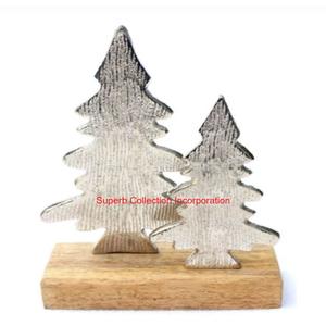 High Quality Silver Metal <b>Christmas</b> <b>Tree</b> Sculpture Carved Modern Design with Wooden <b>Base</b> <b>for</b> Home Decor and Festivals - Product Image 2