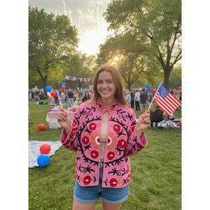The Anaar Bagh Reversible Quilted Suzani Embroidered Cotton <b>Jacket</b> Blush Pink with Crimson Florals Custom Logo Bomber for Spring - Product Image 6