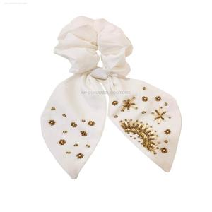 Trendy Customized Indian Hand Embroidery Fabric <b>Scrunchies</b> Beaded Seed Bow <b>Hair</b> Accessory for Girls - Product Image 2