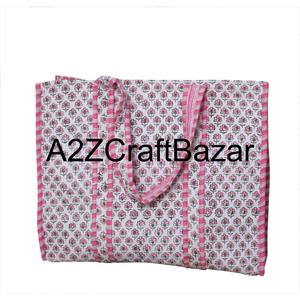 Sac fourre-tout matelassé en coton imprimé à la main pour femmes, léger et élégant, sac de shopping indien pour l'été, fermeture ouverte - Product Image 5