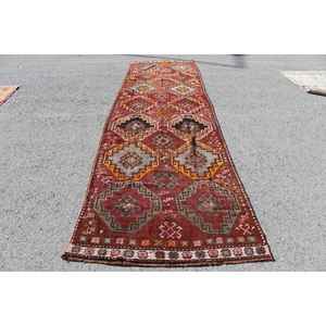 Alfombra turca de 3.9x13.5 pies, alfombra vintage con plantas y árboles rojos - Product Image 1