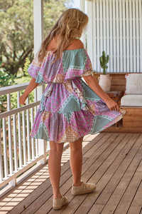 Meilleure collection de qualité supérieure Robe courte d'été imprimée à manches courtes et à épaules dénudées, longueur genou - Product Image 5