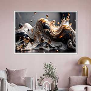 Abstract <b>Liquid</b> Wave Canvas Print, <b>Modern</b> Metallic Gold and Black Swirl Artwork,1P:White Framed - Product Image 1