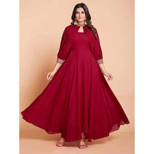 Magnifique robe de soirée rouge en georgette pour les fêtes, avec travail de dori, élégante robe de soirée - Product Image 3