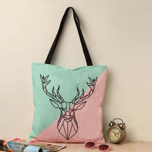Sacs fourre-tout en toile de coton avec impression intégrale motif rennes, fermeture éclair, poignée noire, sac à bandoulière pour usage quotidien féminin - Product Image 1