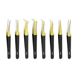 UBI UBI-009 Pack de 8 pinces professionnelles pour extensions de cils, or et noir, en acier à haute teneur en carbone, pointe dentelée 12MM, courbées, droites, 3D - Product Image 2