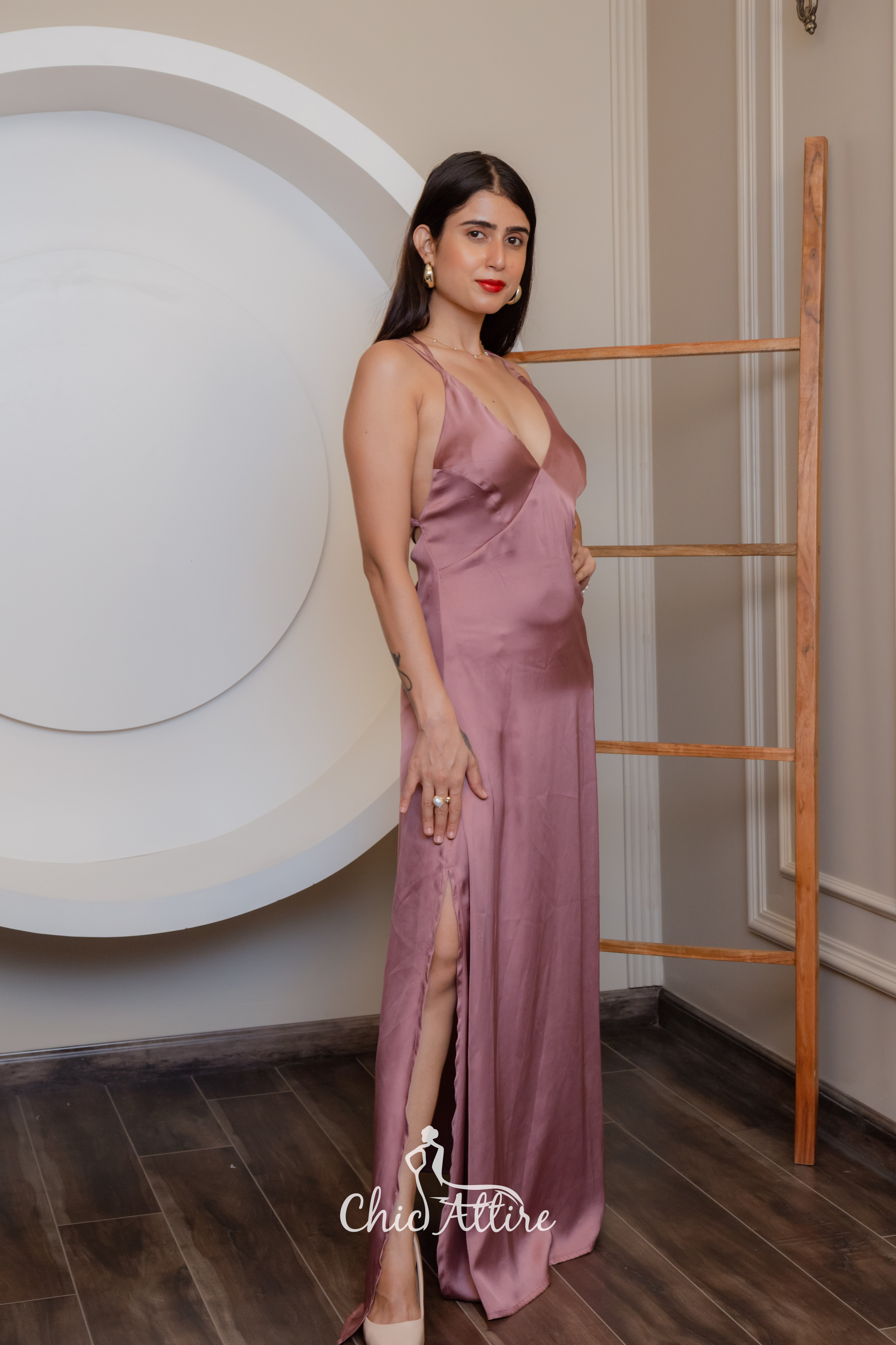 Mauve Satin Evening Gown with Spaghetti Straps - Chic Attire Mauve Satin Evening Gown with Spaghetti Straps - Chic Attire