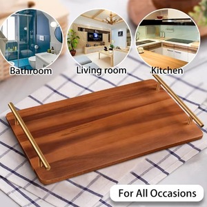 Plateau de service plat en bois avec poignée dorée Design élégant pour les collations au thé et au café Idéal pour la table à manger de la cuisine et la décoration intérieure - Product Image 2