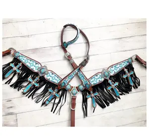 Top Selling High Quality Premium Turquoise Made Fringe Cross Breast Collar Headstall Set At Wholesale Price
