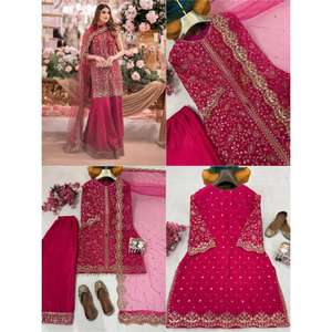 Ropa Étnica de Lujo, Kurti de Seda Chinon, Palazzo, Dupatta de Malla Suave para Mujer, Colección Festiva Nupcial para Fiestas, Colores Personalizados, Estilo Indio - Product Image 1