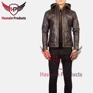 Mens Real Brown Leather Hooded <b>Jacket</b> Distressed Zip Chest Pockets <b>Sheepskin</b> Dark Racer Biker Coat Custom Vintage Winter Outerwe - Product Image 4