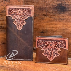 Vente chaude de luxe en cuir de vachette usiné à la main RFID bloquant les portefeuilles de porte-cartes de crédit et ensembles combinés de portefeuille long de concepteur de luxe - Product Image 1