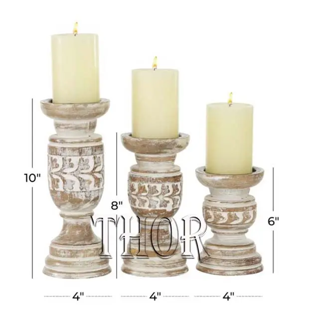 Set of 3 Wood Candle Holders Hand Carved Decorative Pillar Candle Holder for Living Room Table Centerpiece Whitewash Finishes