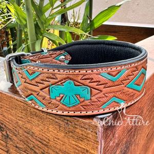 Collar de perro de cuero mecanizado a mano, herramientas de águila turquesa, cuero de vaca genuino, collares de perro cómodos duraderos pequeños, medianos y grandes - Product Image 1