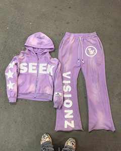 OEM nouvelle mode Streetwear survêtements impression numérique Vintage lavage à l'acide recadrée soleil délavé sweat à capuche hommes sweat et pantalon ensemble - Product Image 1