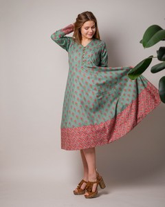 Bohemian Lalana Calf Length Dress Hand Block Printed Floral Green Pink Casual Occasional Wear - Product Image 4