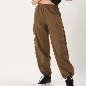 最新流行设计男女通用棕色降落伞适合高腰棉货物棕色编织货物长裤带8口袋货物裤
