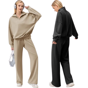 Conjunto de chándales de ocio de talla grande al por mayor, 2 uds., 1/4, jersey de hombro caído con cremallera, pantalones de chándal holgados con dobladillo ajustable, Jersey Suelto - Product Image 3