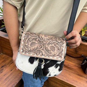 กระเป๋าพาดลำตัวหนังแบบตะวันตกสำหรับผู้หญิงกระเป๋าหนังวัวมีพู่ลายนูนลายดอกไม้ - Product Image 2